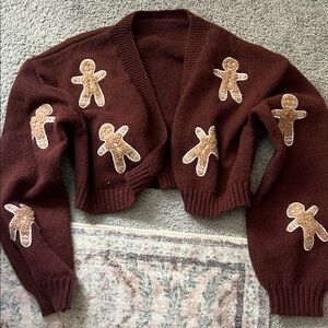 Christmas Gingerbread Patterned Croppd Sweater